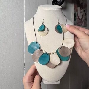 Tagua Nut Statement Necklace and Earrings Set Teal Cream Boho Eco Friendly